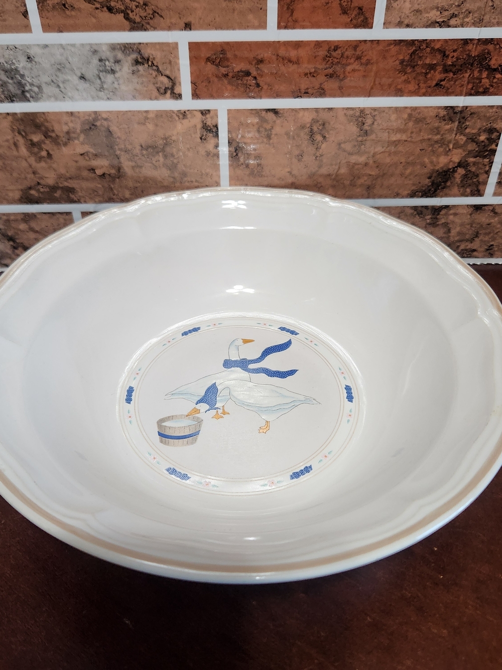White Ceramic Serving Bowl with Blue Goose Accent